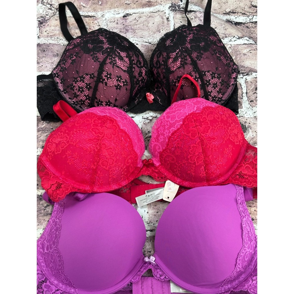 Victoria's Secret Dream Angels Bundle 38B Push Up Plunge Lace Purple Pink Black